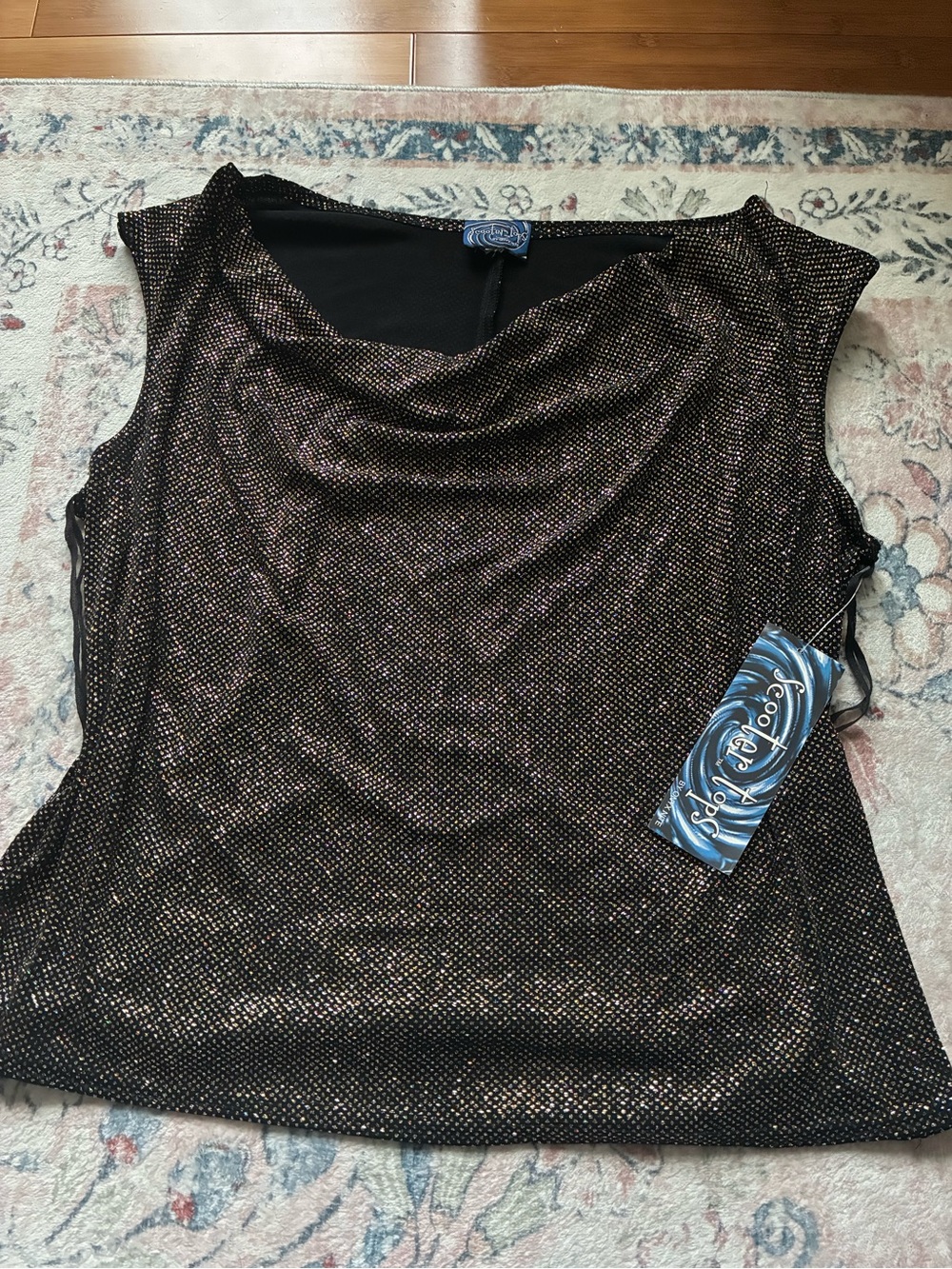 Rock & Republic vintage Black with Gold Metallic Beaded Draped Party Cowl Tank
